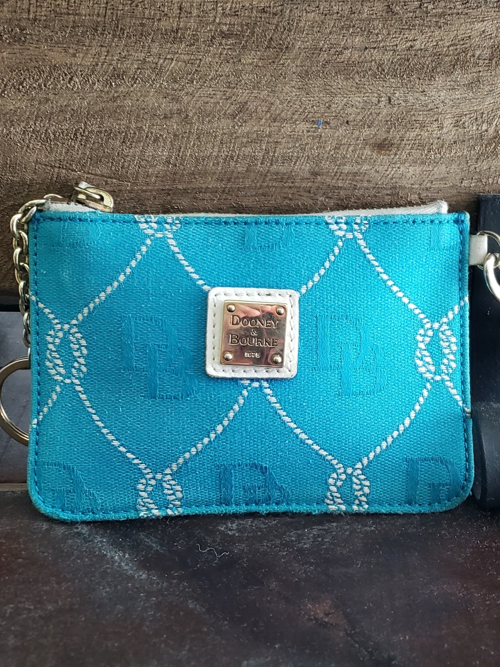 Dooney & Bourke Turquoise Signature Zip Card Case with Gold Plaque